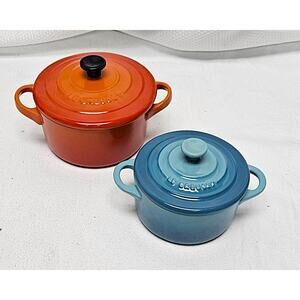 Le Crueset Set Of Two Mini Round Cocottes 4.5" Red And 4" Blue